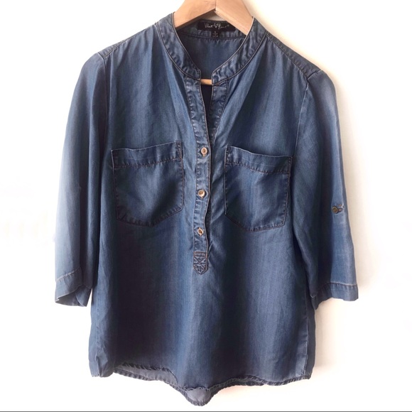 [SOLD] Velvet Heart Tab Sleeve Tencel Chambray Top - Picture 1 of 8